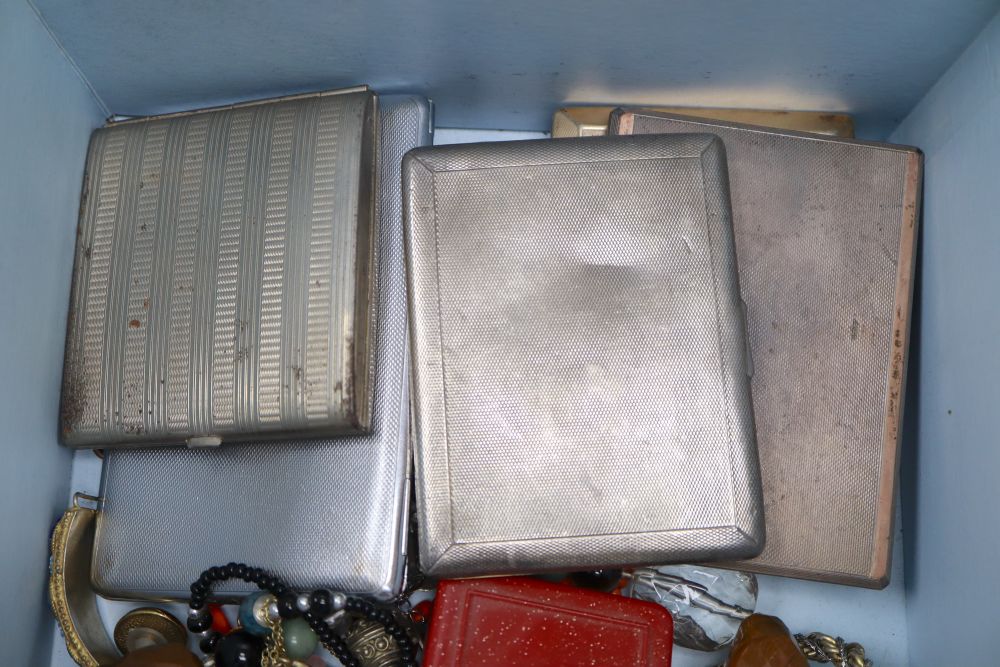 Three early 20th century engine turned silver cigarette cases and a quantity of assorted costume jewellery